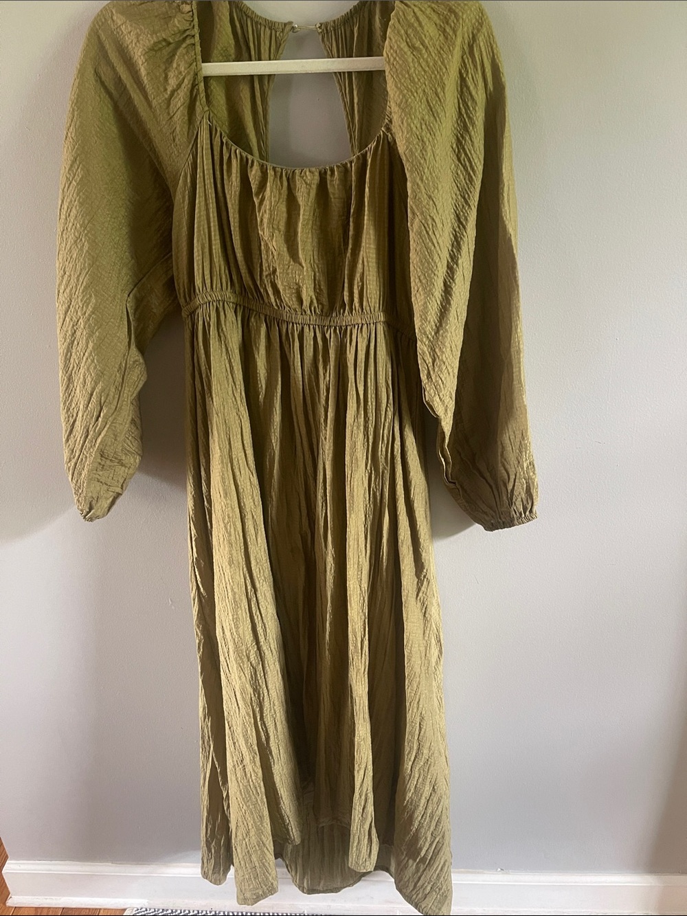 Listicle Olive Green Gauze Maxi Dress Size Large Boho Cottagecore Long Sleeve